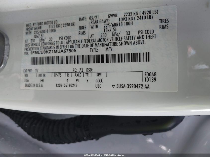 2021 Ford Escape Sel Plug-In Hybrid VIN: 1FMCU0KZ1MUA67505 Lot: 43899041