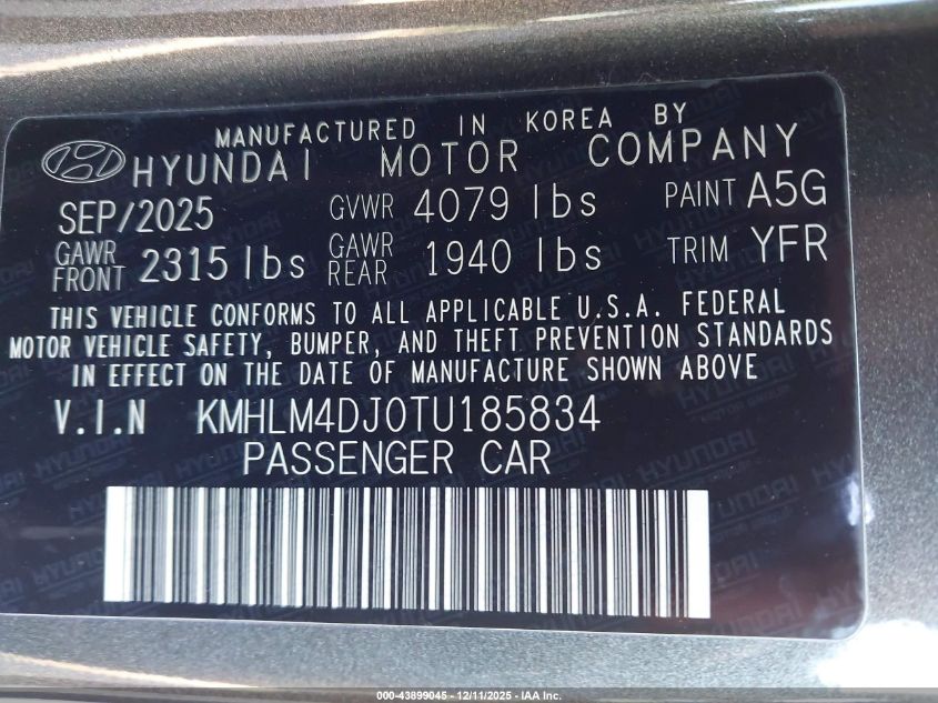 2026 Hyundai Elantra Hybrid Blue VIN: KMHLM4DJ0TU185834 Lot: 43899045