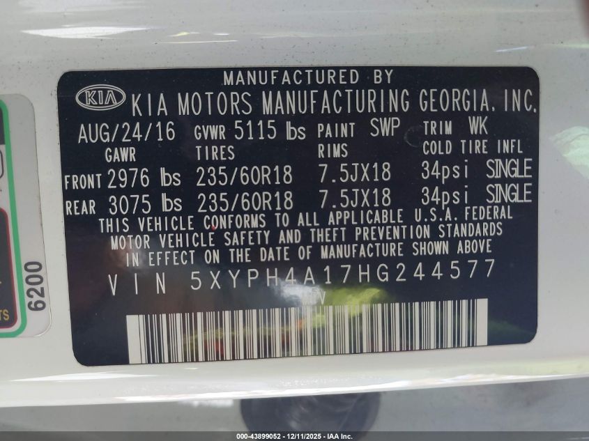 2017 Kia Sorento 2.0T Ex VIN: 5XYPH4A17HG244577 Lot: 43899052