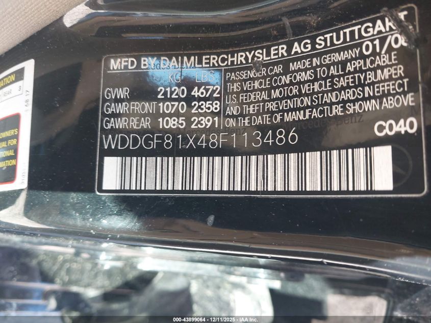 2008 Mercedes-Benz C 300 Luxury 4Matic/Sport 4Matic VIN: WDDGF81X48F113486 Lot: 43899064