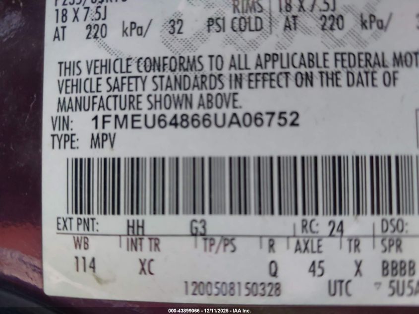 2006 Ford Explorer Eddie Bauer VIN: 1FMEU64866UA06752 Lot: 43899066