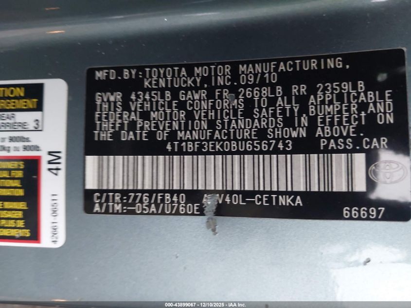 2011 Toyota Camry Le VIN: 4T1BF3EK0BU656743 Lot: 43899067