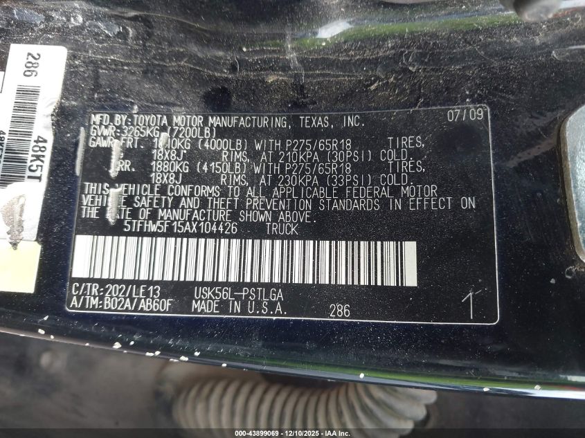 2010 Toyota Tundra Limited 5.7L V8 VIN: 5TFHW5F15AX104426 Lot: 43899069