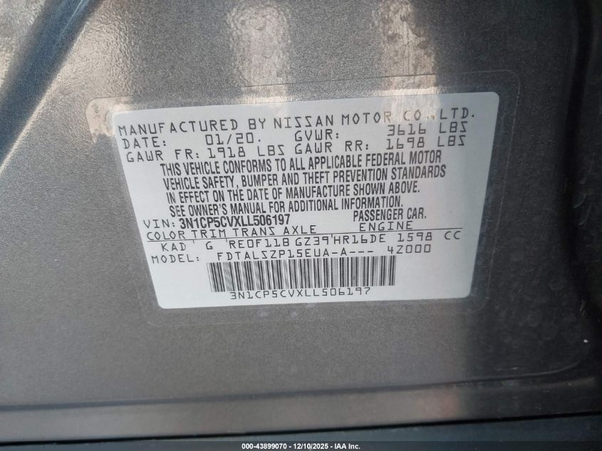 2020 Nissan Kicks Sv Xtronic Cvt VIN: 3N1CP5CVXLL506197 Lot: 43899070