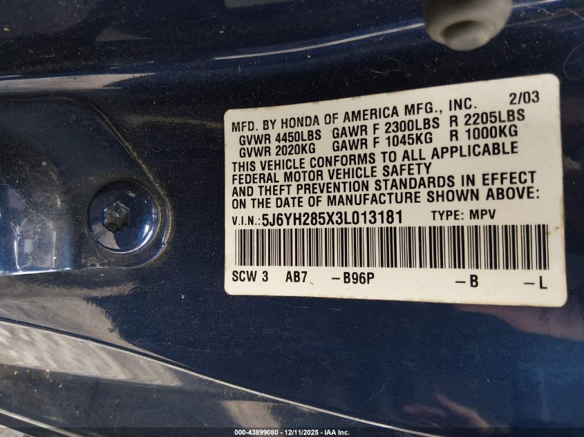 2003 Honda Element Ex VIN: 5J6YH285X3L013181 Lot: 43899080