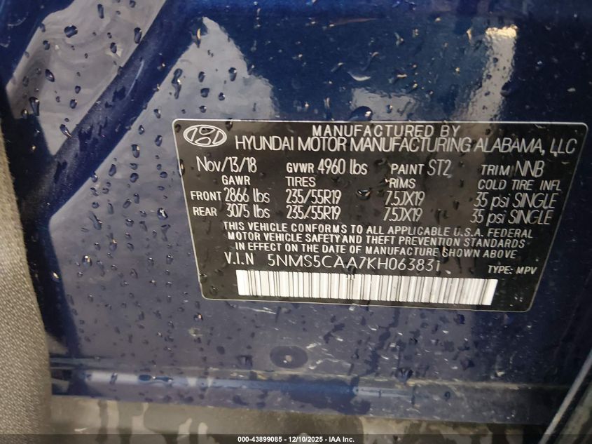 2019 Hyundai Santa Fe Ultimate 2.0T VIN: 5NMS5CAA7KH063831 Lot: 43899085