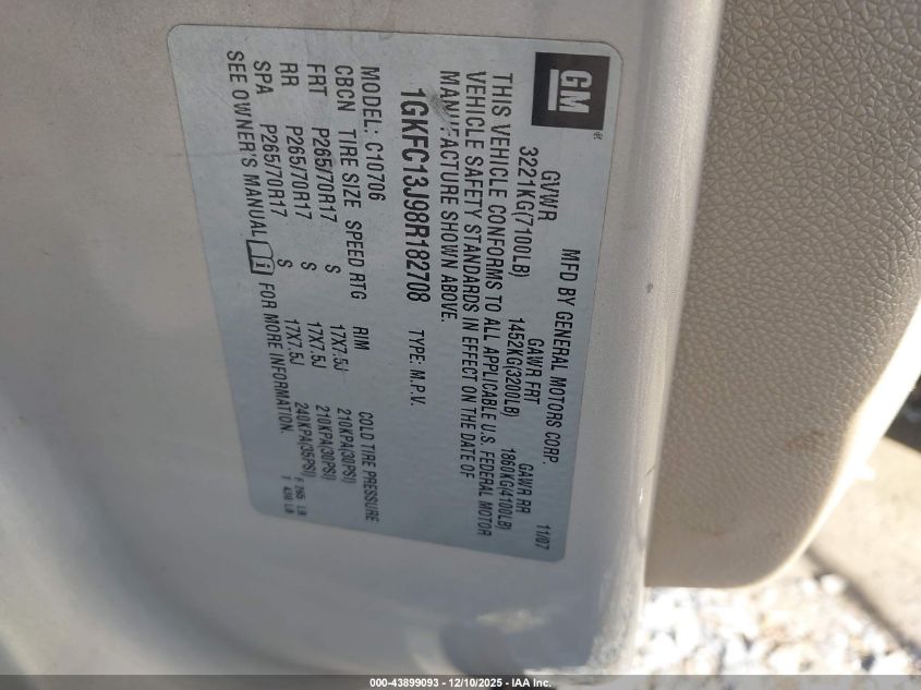 2008 GMC Yukon Slt VIN: 1GKFC13J98R182708 Lot: 43899093