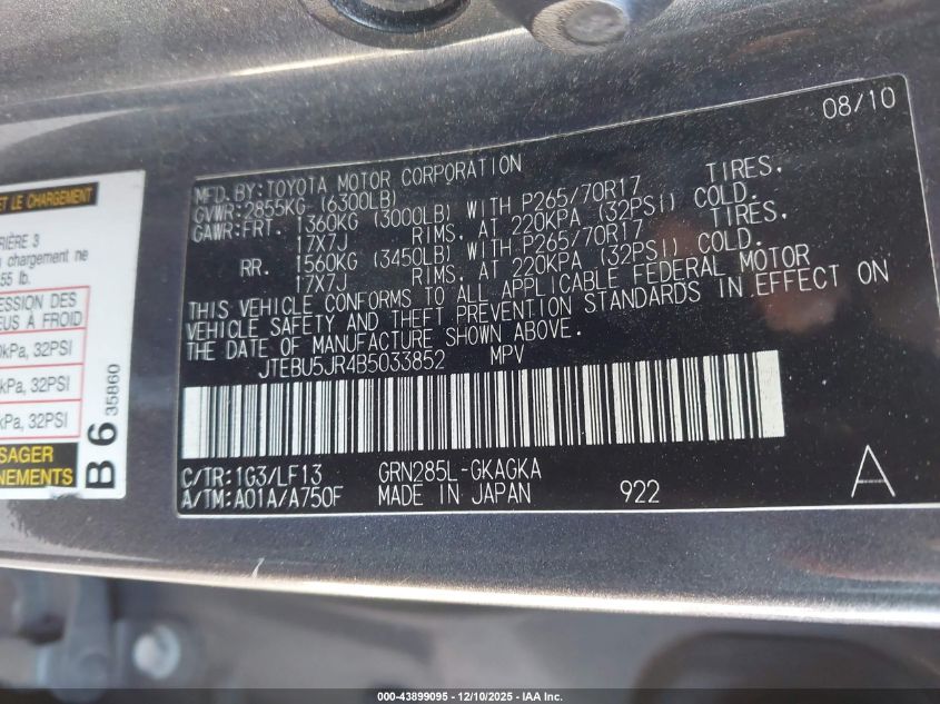 2011 Toyota 4Runner Sr5 V6 VIN: JTEBU5JR4B5033852 Lot: 43899095