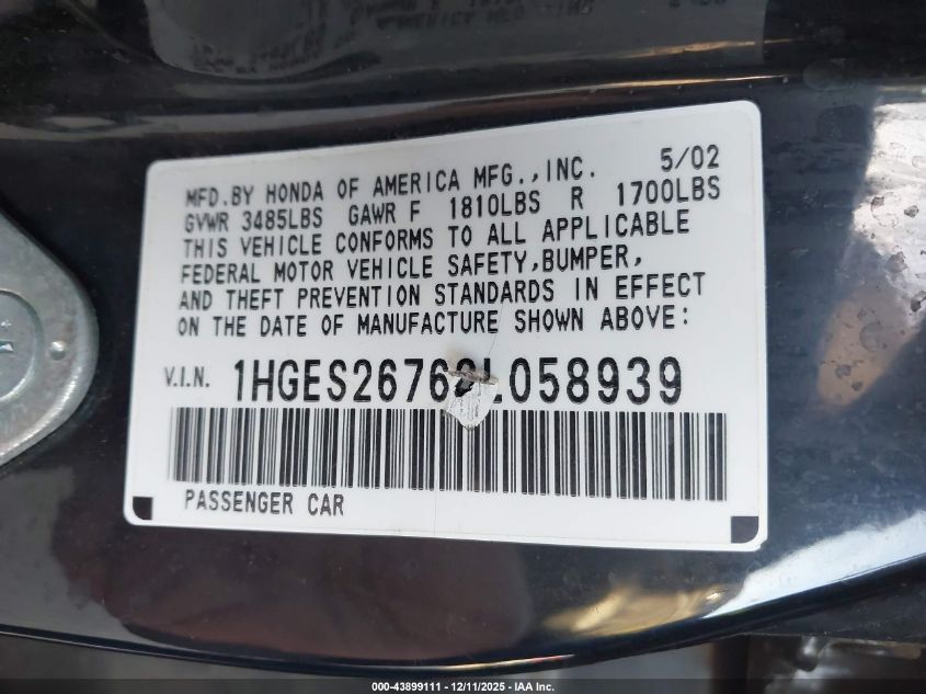 2002 Honda Civic Ex VIN: 1HGES26762L058939 Lot: 43899111