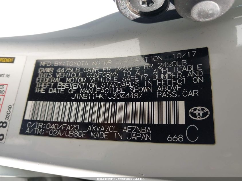 2018 Toyota Camry Le VIN: JTNB11HK1J3044487 Lot: 43899118