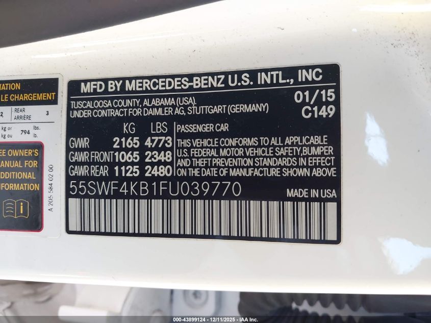 2015 Mercedes-Benz C 300 4Matic VIN: 55SWF4KB1FU039770 Lot: 43899124