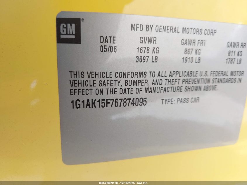 2006 Chevrolet Cobalt Ls VIN: 1G1AK15F767874095 Lot: 43899128