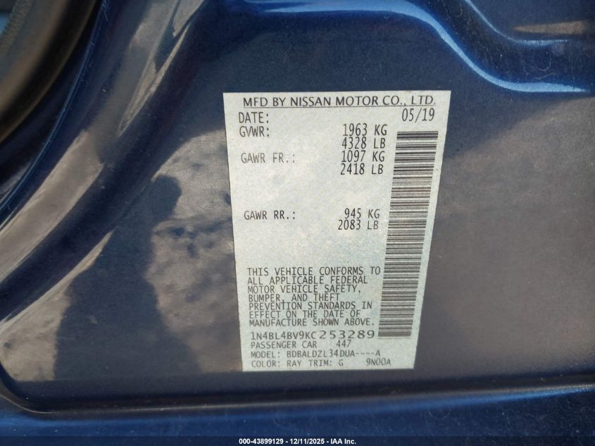 2019 Nissan Altima 2.5 S VIN: 1N4BL4BV9KC253289 Lot: 43899129
