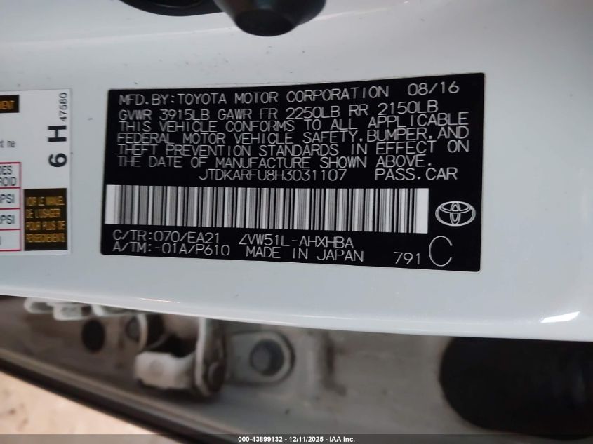 2017 Toyota Prius Four Touring VIN: JTDKARFU8H3031107 Lot: 43899132