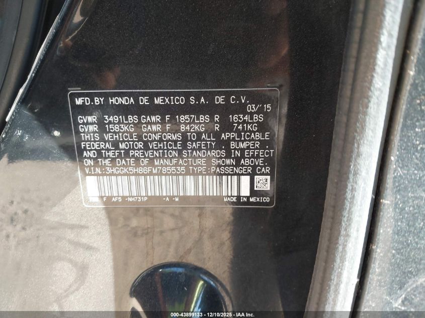 2015 Honda Fit Ex/Ex-L VIN: 3HGGK5H86FM785535 Lot: 43899133