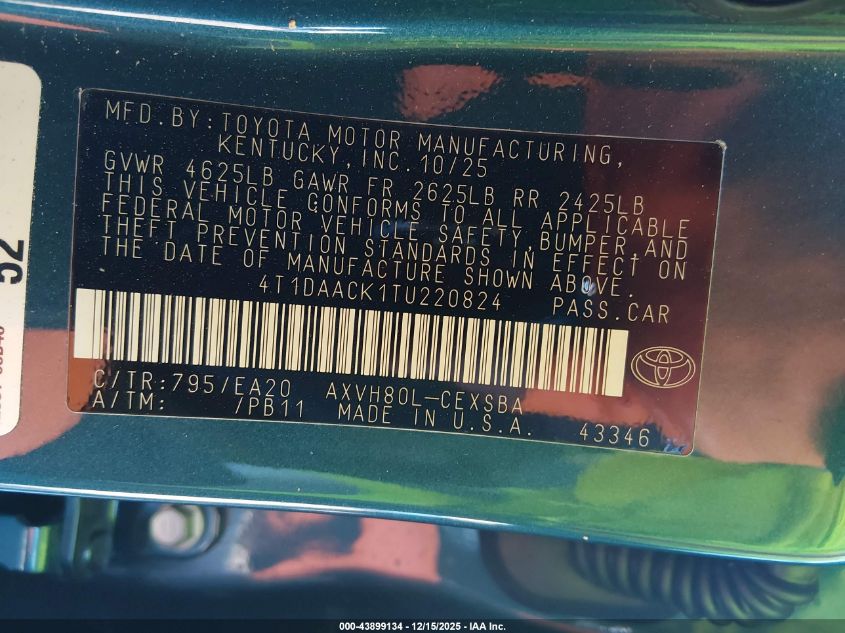 2026 Toyota Camry Se VIN: 4T1DAACK1TU220824 Lot: 43899134