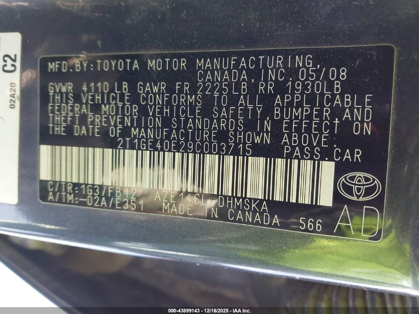 2009 Toyota Matrix Xrs VIN: 2T1GE40E29C003715 Lot: 43899143