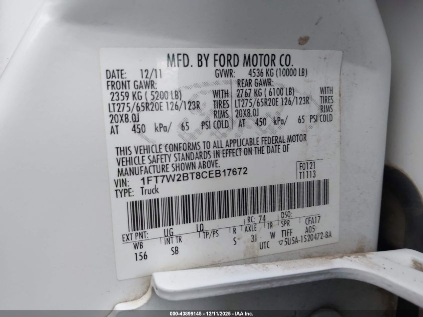 2012 Ford F-250 Lariat VIN: 1FT7W2BT8CEB17672 Lot: 43899145