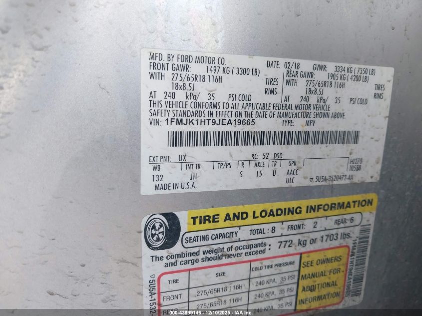 2018 Ford Expedition Max Xlt VIN: 1FMJK1HT9JEA19665 Lot: 43899146