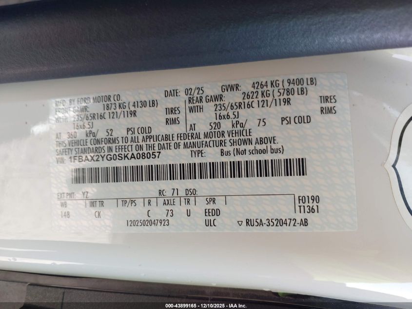 2025 Ford Transit-350 Passenger Van Xlt VIN: 1FBAX2YG0SKA08057 Lot: 43899165