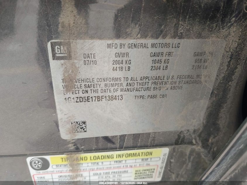 2011 Chevrolet Malibu 2Lt VIN: 1G1ZD5E17BF138413 Lot: 43899169