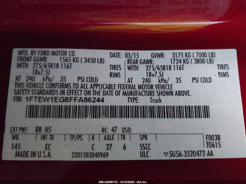 2015 Ford F-150 Lariat VIN: 1FTEW1EG8FFA86244 Lot: 43899170