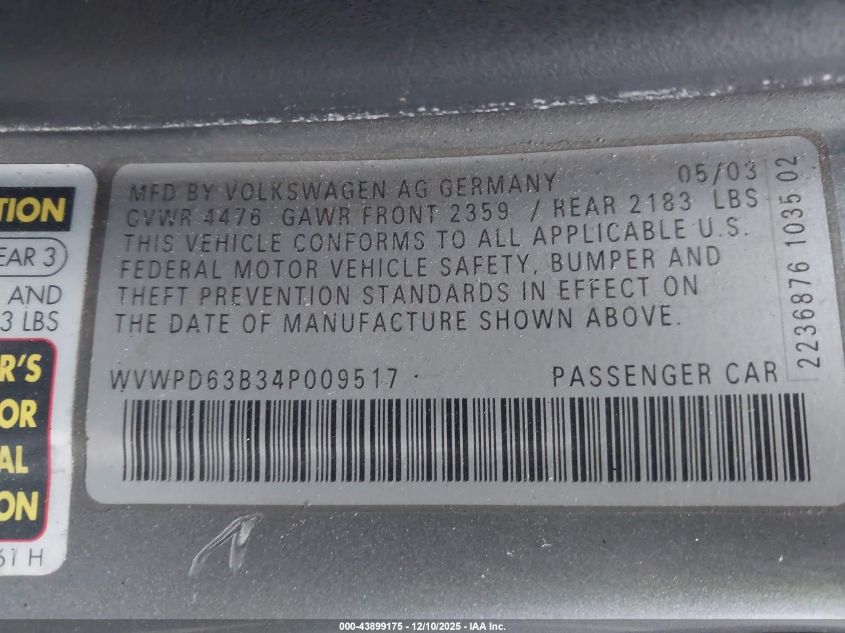 2004 Volkswagen Passat Gls VIN: WVWPD63B34P009517 Lot: 43899175