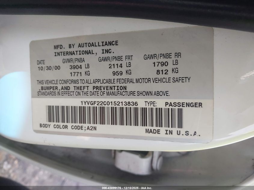 2001 Mazda 626 Es/Lx VIN: 1YVGF22C015213836 Lot: 43899176