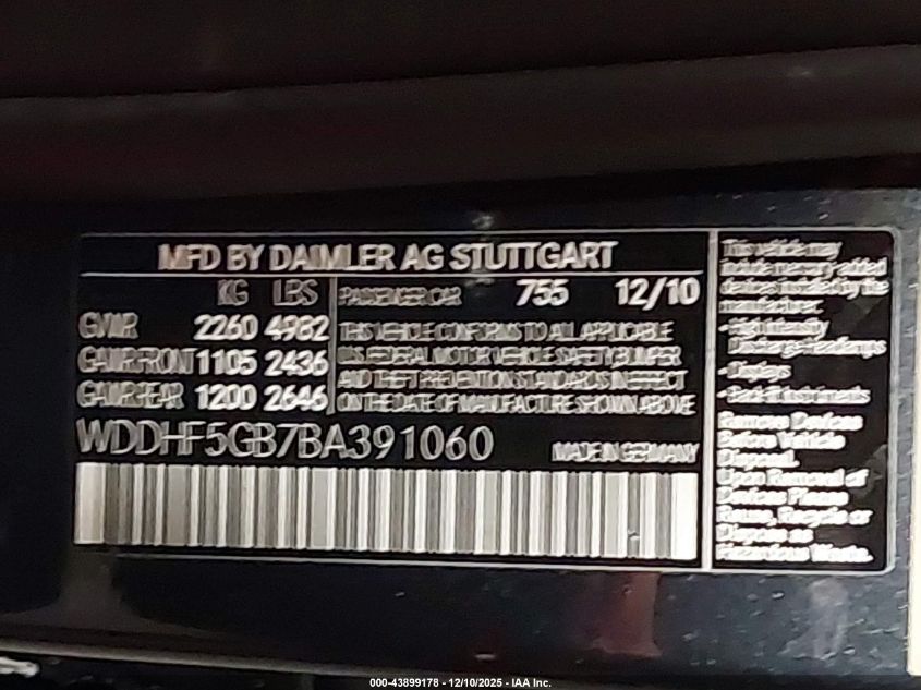 2011 Mercedes-Benz E 350 VIN: WDDHF5GB7BA391060 Lot: 43899178