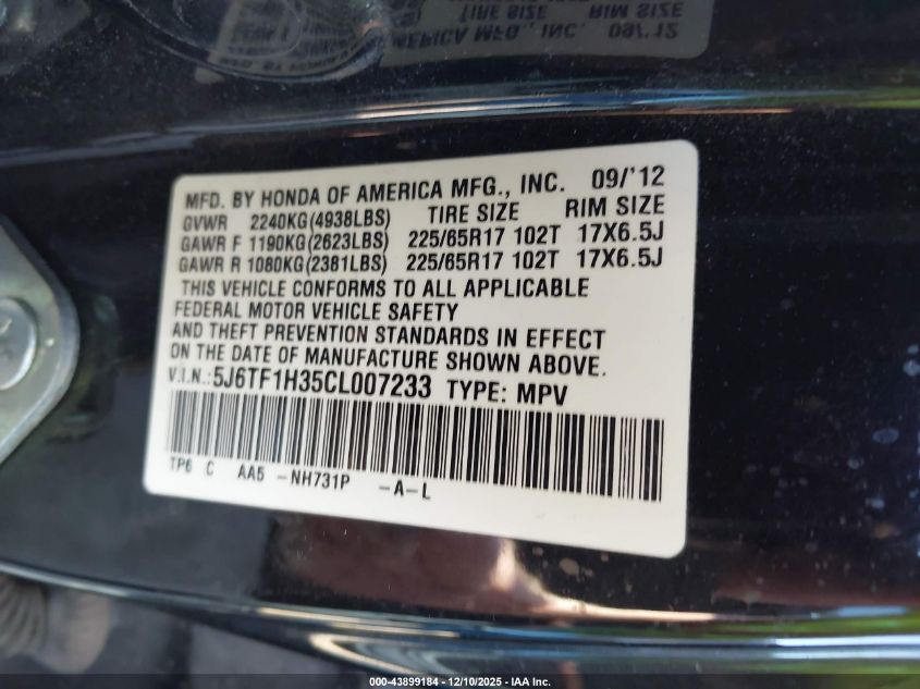 2012 Honda Crosstour Ex VIN: 5J6TF1H35CL007233 Lot: 43899184