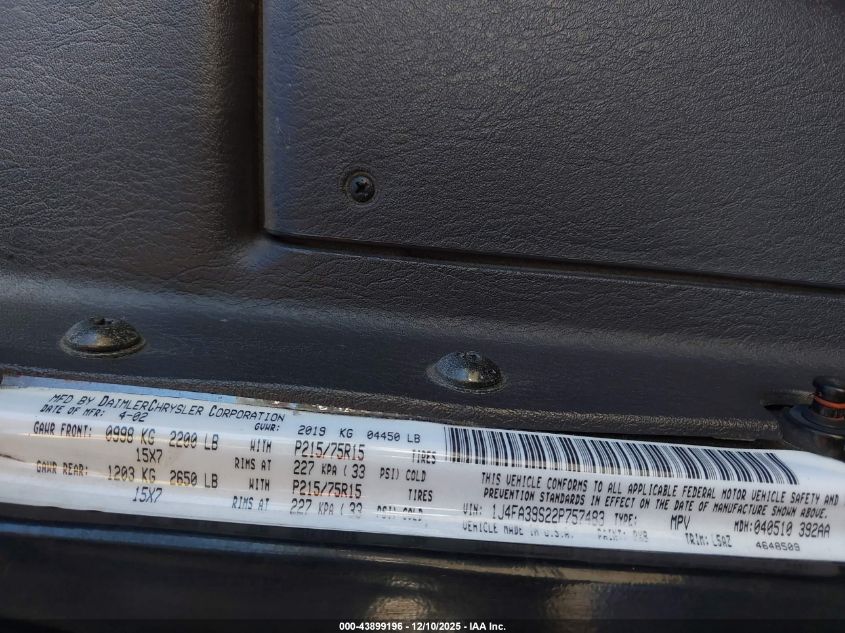 2002 Jeep Wrangler X VIN: 1J4FA39S22P757483 Lot: 43899196