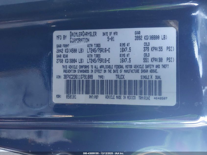 2001 Dodge Ram 2500 St VIN: 3B7KC23611G791809 Lot: 43899199