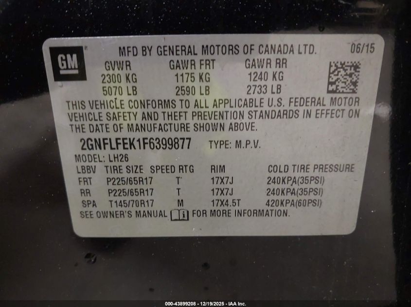 2015 Chevrolet Equinox 1Lt VIN: 2GNFLFEK1F6399877 Lot: 43899208