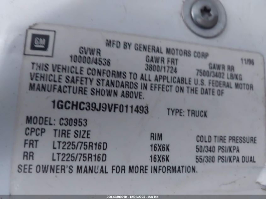 1997 Chevrolet C3500 Hd Fleetside VIN: 1GCHC39J9VF011493 Lot: 43899210