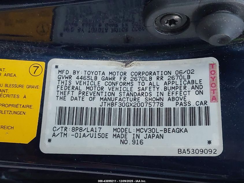 2002 Lexus Es 300 VIN: JTHBF30GX20075778 Lot: 43899211