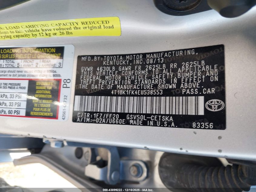 2014 Toyota Camry Se V6 VIN: 4T1BK1FK4EU538553 Lot: 43899222