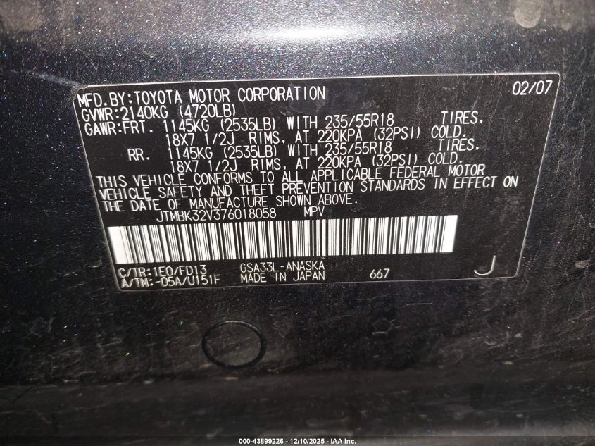 2007 Toyota Rav4 Sport V6 VIN: JTMBK32V376018058 Lot: 43899226