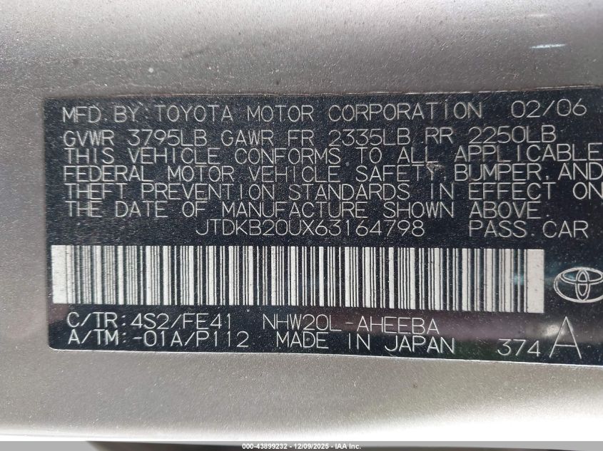 2006 Toyota Prius VIN: JTDKB20UX63164798 Lot: 43899232