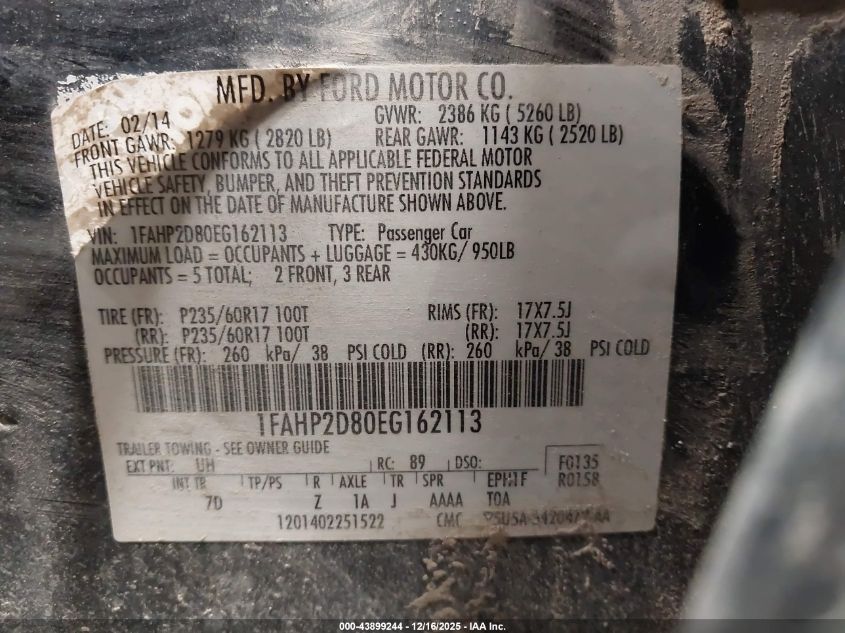 2014 Ford Taurus Se VIN: 1FAHP2D80EG162113 Lot: 43899244