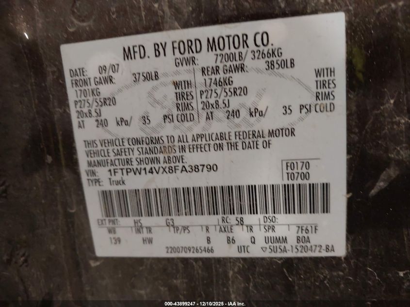 2008 Ford F-150 60Th Anniversary/Fx4/King Ranch/Lariat/Xlt VIN: 1FTPW14VX8FA38790 Lot: 43899247