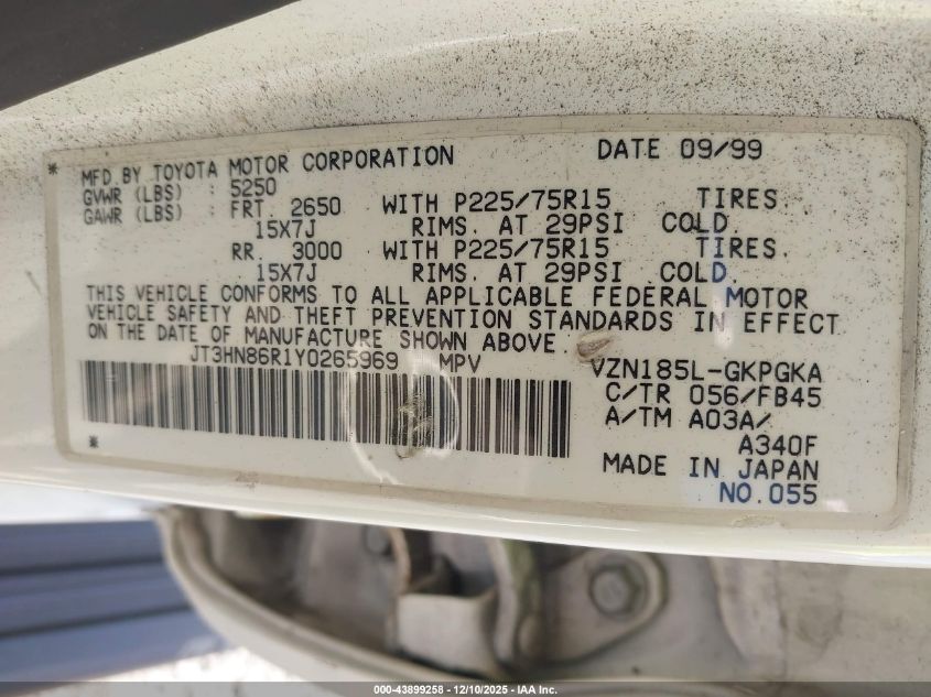 2000 Toyota 4Runner Sr5 V6 VIN: JT3HN86R1Y0265969 Lot: 43899258