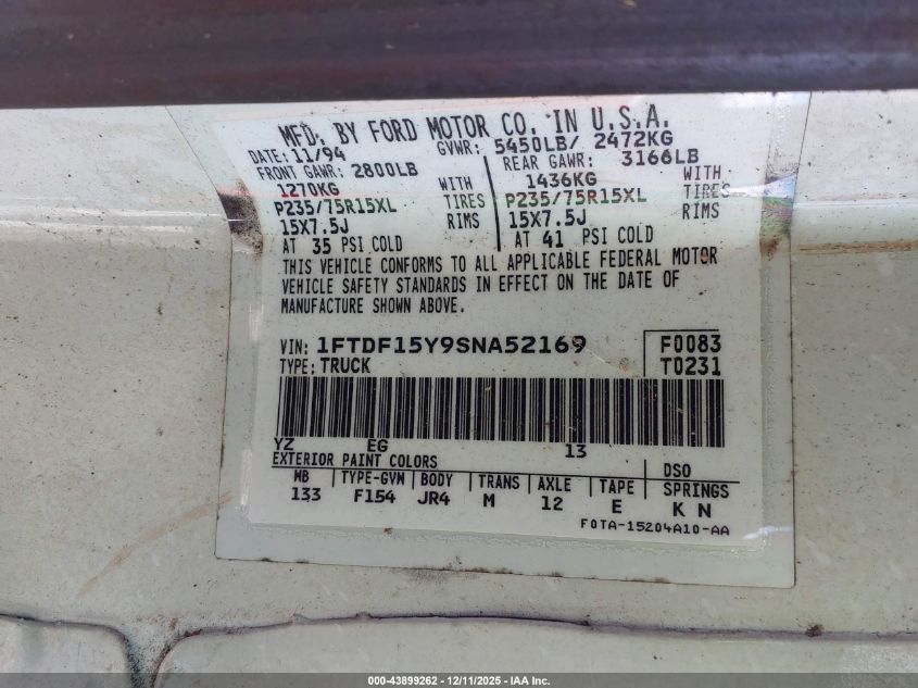 1995 Ford F150 VIN: 1FTDF15Y9SNA52169 Lot: 43899262