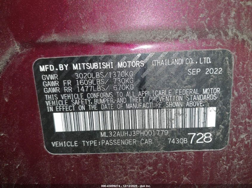 2023 Mitsubishi Mirage Es/Le VIN: ML32AUHJ3PH001779 Lot: 43899274