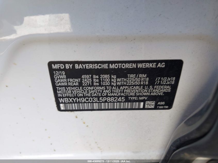 2020 BMW X2 Sdrive28I VIN: WBXYH9C03L5P88245 Lot: 43899275