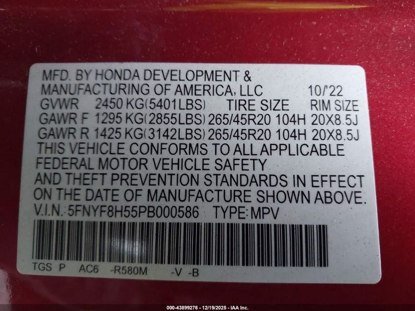 2023 Honda Passport Awd Ex-L VIN: 5FNYF8H55PB000586 Lot: 43899276