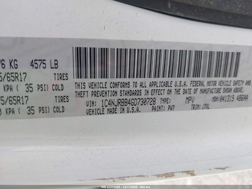 2016 Jeep Patriot 75Th Anniversary VIN: 1C4NJRBB4GD730728 Lot: 43899292