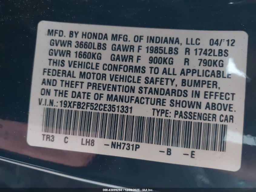 2012 Honda Civic Lx VIN: 19XFB2F52CE351331 Lot: 43899294