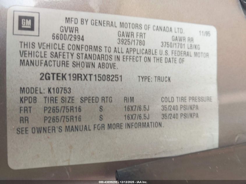 1996 GMC Sierra K1500 VIN: 2GTEK19RXT1508251 Lot: 43899295