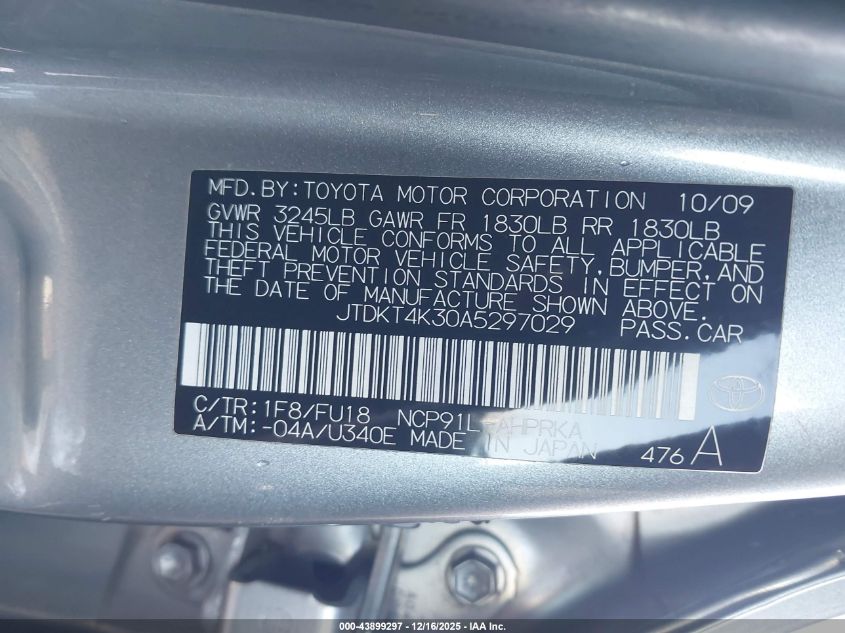 2010 Toyota Yaris VIN: JTDKT4K30A5297029 Lot: 43899297