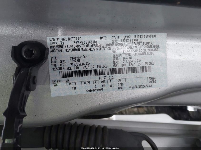 2016 Ford Focus Se VIN: 1FADP3K20GL368383 Lot: 43899302